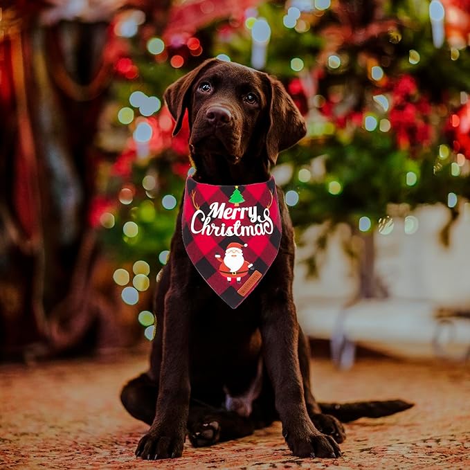 ADOGGYGO 2 Pack Dog Bandana Christmas Classic Plaid Pet Scarf Triangle Bibs Kerchief Merry Christmas Santa Snowman Bandana for Medium Large Dogs Pets (Large)