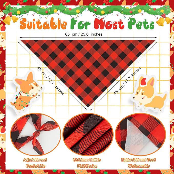 50 Pcs Red and Green Buffalo Plaid Bandanas Bulk for Christmas Dog Xmas Kerchief Set Bibs Dog Triangle Scarf for Small Medium Large Doggie Costume Decoration
