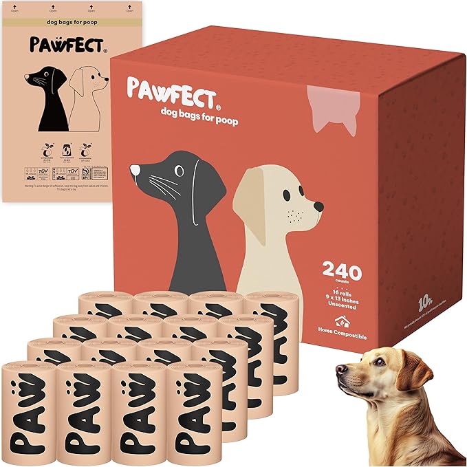 Pawfect Dog Poop Bags Rolls – Biodegradable Poop Bags, Compostable Dog Waste Bags, BPI Certified Pet Waste Bags, Unscented, Large, Puppy Poo, Earth Friendly, Bolsas Para Perros Popo (240 Counts)