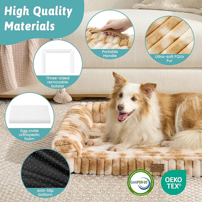 Cute Dog Bed, Faux Fur Orthopedic Foam Dog Bed with Sides, Removable Washable Cover & Waterproof Lining, Comfortable Pet Couch for Medium Dogs, Tie-Dye Brown (36" L x 20" W x 6" Th)