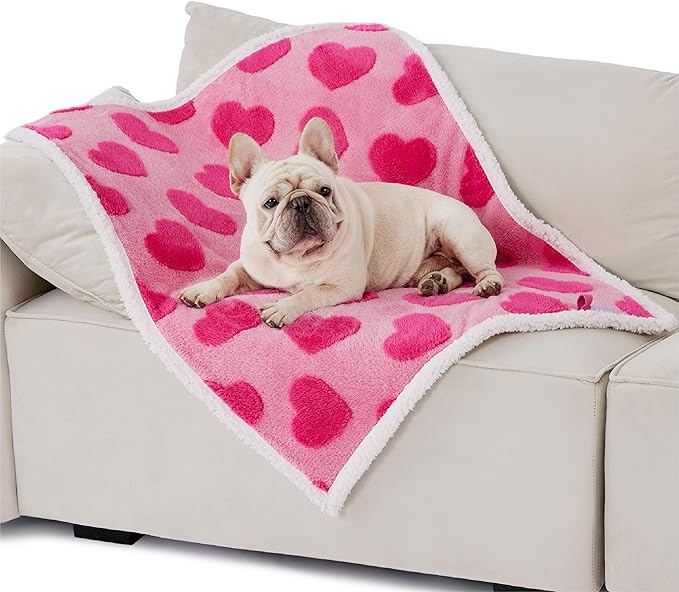 LE SURE Waterproof Puppy Blanket for Medium Dogs - Washable Double Sided Dog Blankets with Warm Jacquard Shag and Soft Sherpa Fleece, Pet Cat Blanket for Couch Protection, Love Pattern Design，Pink