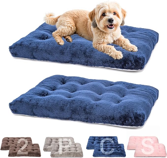 POMIU 2-Pack Washable Dog Bed, Deluxe Plush Crate Beds with Anti-Slip, Machine Washable Kennel Pad Sleeping Mat for Large, Medium and Small Dogs (2 Pack x Navy, 23.0" L x 18.0" W x 3.0" Th)