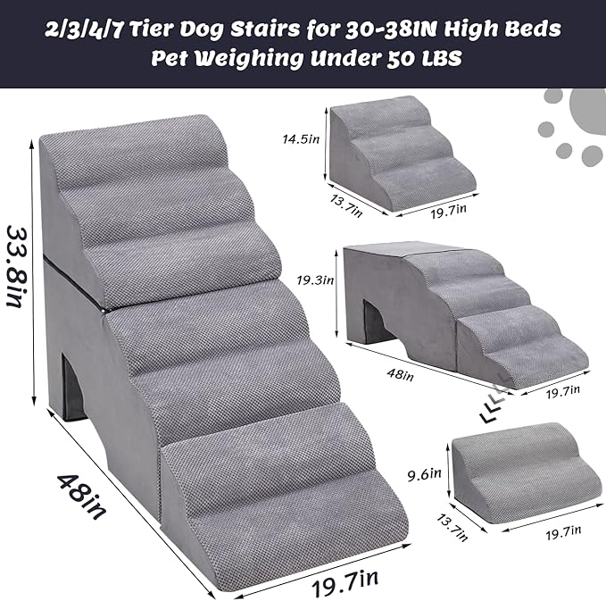 Dog Stair for High Beds 36 inches Tall, 33D Foam Dog Ramp for Bed 32 inches, 7-Step Pet Stair Steps for Small Large Dogs for Bedsides Climbing, Non-Slip Doggie Steps for Older Dogs/Cats, Grey