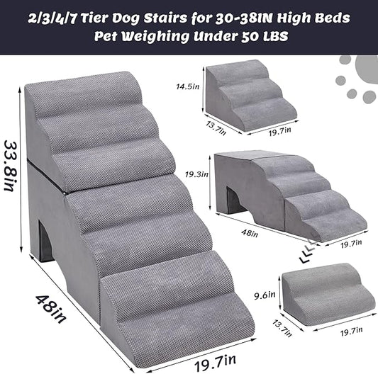 Dog Stair for High Beds 36 inches Tall, 33D Foam Dog Ramp for Bed 32 inches, 7-Step Pet Stair Steps for Small Large Dogs for Bedsides Climbing, Non-Slip Doggie Steps for Older Dogs/Cats, Grey