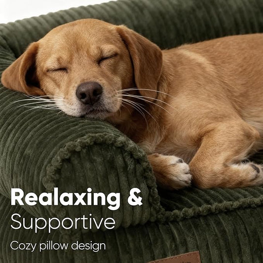 FUKUMARU Cute Dog Bed, Waterproof Corduroy Dogs Couch, 36in Orthopedic Pet Sofa for Medium to Large Dogs Dog, Warm Cotton Pet Bed with Washable Cover, Large, Green