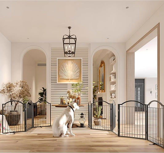 BHG Metal No-Assembly Freestanding Dog Gate with Door Walk Through, Extra Wide 72", Extra Tall 32" Pet Gate, Accordion Puppy Folding Playpen Dog Fence, with 2PCS Support (Black, 3 Panels)
