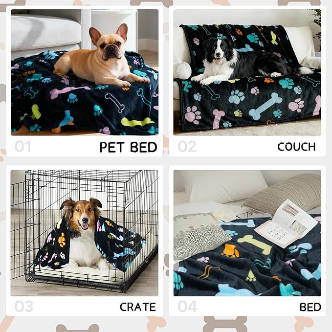 Rezutan Blanket for Large Dogs, Cat Flannel Washable Soft Pet Mat Throw Cover for Kennels-Beds, Sofas, Furniture Protection, Cute Paw Pattern, Black, 50x40 Inch