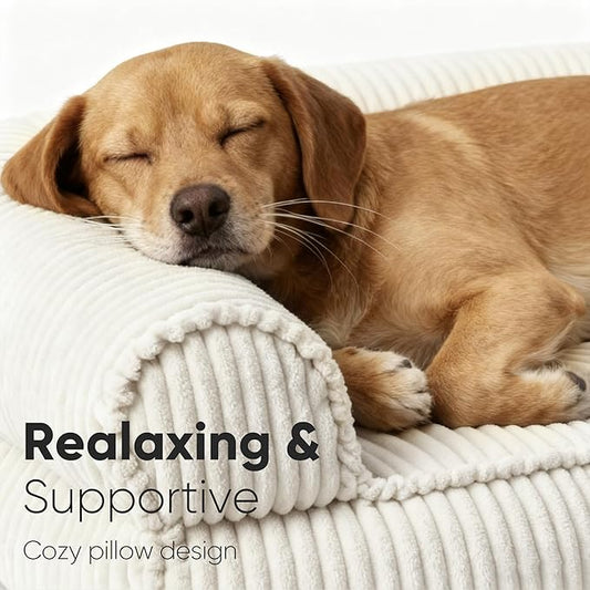 FUKUMARU Cute Dog Bed, Waterproof Corduroy Dogs Couch, 36in Orthopedic Pet Sofa for Medium to Large Dogs Dog, Warm Cotton Pet Bed with Washable Cover, Large, Cream