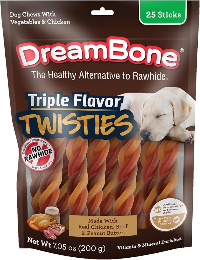 Dreambone Triple Flavor Twisties Chews for Dogs, 25 Count, Treat Your Dog to Rawhide-Free Chews Made with Real Chicken, Beef and Peanut Butter