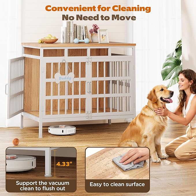 39 Inch Dog Crate Furniture, Heavy Duty Dog Kennel for Small Medium Large Dogs, Double Doors Indoor Decor Pet House Cage, Anti Escape Wooden Dog Cage with Name Tag End Table, TV Stand, Beige