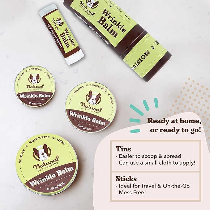 Natural Dog Company Wrinkle Balm for Dog Wrinkles (4oz Tin) All-Natural, Lick-Safe Dog Lotion for Dry Itchy Skin, French Bulldog Skin Care, Moisturizes & Cleans Wrinkle Folds, Plant-Based, Made in USA