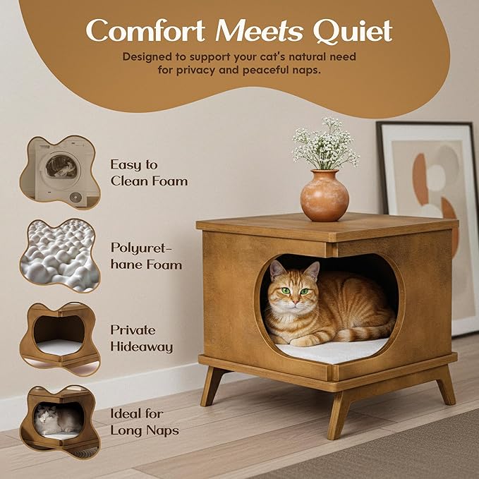Modern Wooden Cat Bed End Table for Indoor Cats – 15.7"x15.3"x15.7" Cat House Side Table with Cushion – Stylish Nightstand Cat Condo for Bedroom or Living Room – Compact Pet Hideaway Furniture