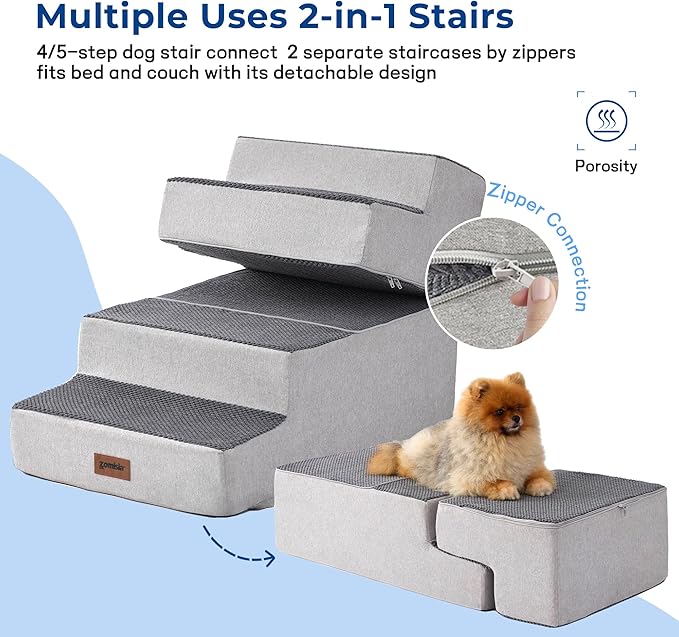 Dog Stairs for Small Dogs - Extra Wide Pet Stairs 2 in 1 with Zippers Suitable for Couch and Bed, 35D Foam Dog Steps with Non Slip Bottom Grey 4 Steps, Grey