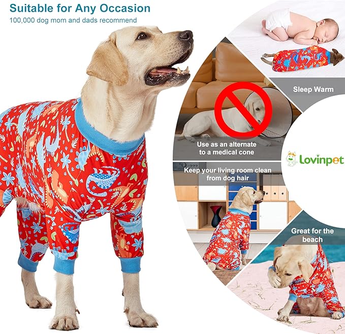 LovinPet Pitbull Dog Pajamas, Large Dog Onesies for Surgery Care, Lightweight Stretchy Knit Fabric, Dinosaur Jungle Red Print, Pet Clothes, UV Protection, Pet Anxiety Relief, PJ's for Dogs, XL