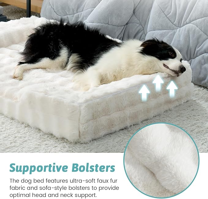 Orthopedic Dog Bed for Large Size Dog, Faux Fur Extra Large Pet Sofa, Foam Bolster Couch with Waterproof Lining Cover, Anti-Slip, Soft, Warm, Washable, C-Shaped, XL 44x32x7 inch, Beige