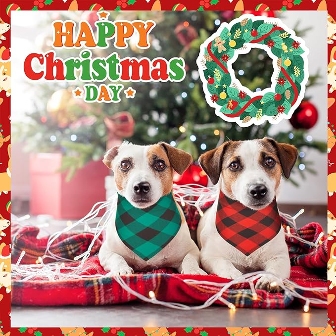 50 Pcs Red and Green Buffalo Plaid Bandanas Bulk for Christmas Dog Xmas Kerchief Set Bibs Dog Triangle Scarf for Small Medium Large Doggie Costume Decoration