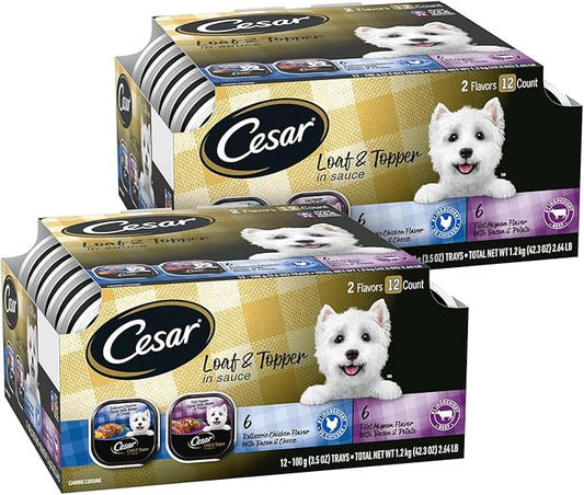 Cesar Loaf in Sauce Wet Dog Food Rotisserie Chicken Flavor with Bacon & Cheese and Filet Mignon Flavor with Bacon & Potato Variety Pack, 3.5 oz. Easy Peel Trays, 12 Count (Pack of 2)