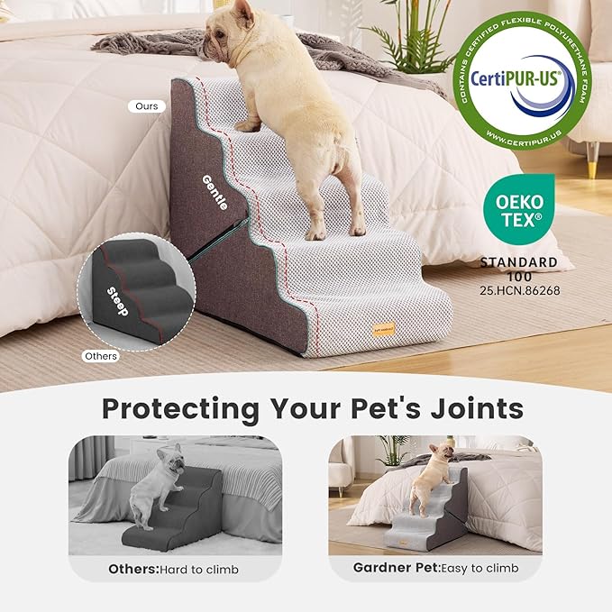 Gardner Pet Dog Stairs for Small Dogs 22.5" H, 2 in 1 Transformable 5-Step Pet Stairs and ramp, Dog Steps for Couch bed (23~27 in) with Durable Non-Slip Waterproof Cover and CertiPUR-US Certified Foam