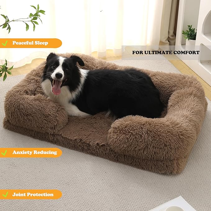 Orthopedic Dog Bed for Large Dogs - Washable Memory Foam Pet Sofa, Fluffy Plush Rectangular Bed, Waterproof Anti-Anxiety Couch, Khaki, L