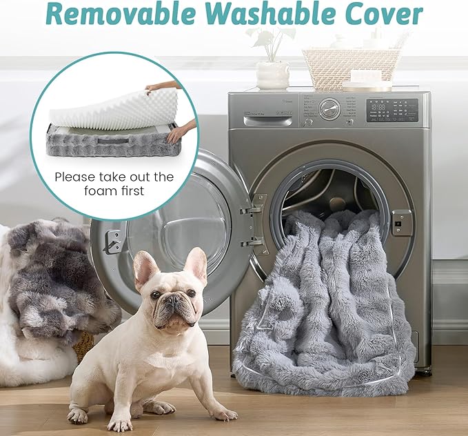 Orthopedic Dog Bed for Medium Small Size Dog, Faux Fur Pet Sofa, Foam Bolster Couch with Waterproof Lining Cover, Anti-Slip, Soft, Warm, Washable, C-Shaped, M 30x20x6.5 inch, Grey