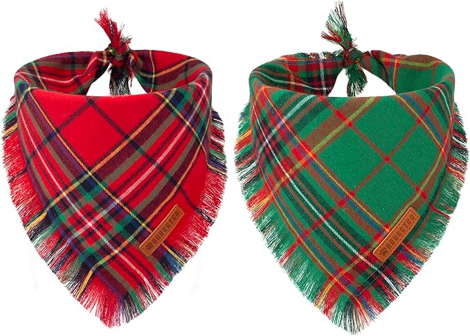 ADOGGYGO 2 Pack Dog Bandana Christmas with Tassels Edges, Stylish Red Green Plaid Puppy Scarf Bibs Kerchief, Premium Cotton Fabric, Pet Christmas Bandanas for Small Dogs (Small)