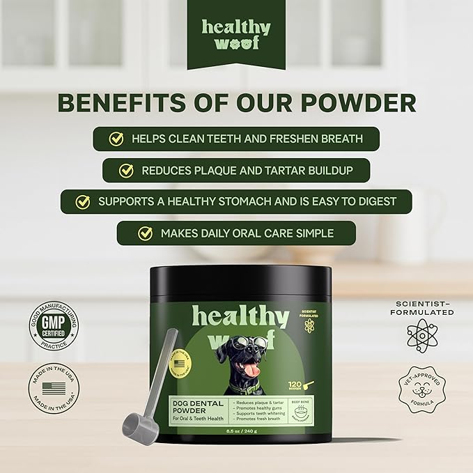 Dog Dental Powder with Icelandic Kelp, Enzymes & Green Tea – Dog Breath Powder & Tartar Remover – Dental Cleaning for Dogs – 8.5 oz (120 Servings)