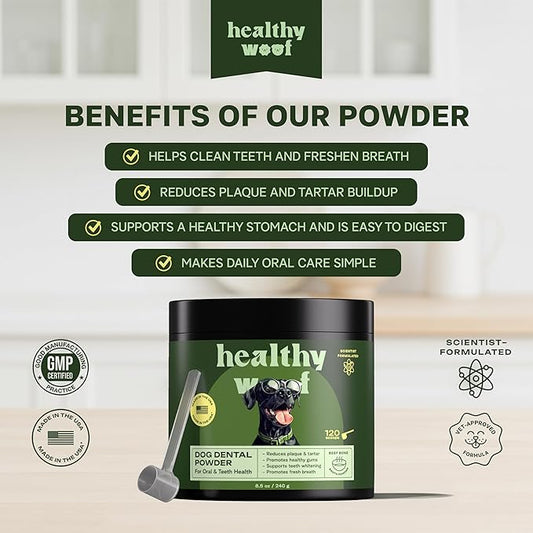 Dog Dental Powder with Icelandic Kelp, Enzymes & Green Tea – Dog Breath Powder & Tartar Remover – Dental Cleaning for Dogs – 8.5 oz (120 Servings)
