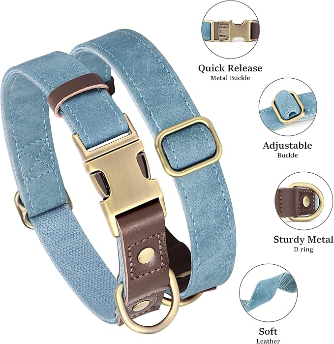 Didog Soft PU Leather Dog Collar for Large Dogs,Classic Adjustable Wide Dog Collars with Quick Release Metal Buckle,Easy Clean and Comfortable with Nylon Lining,Denim Blue,XL Neck 17-26", Width 1¼''