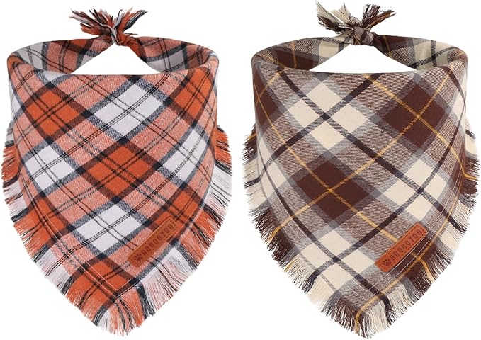 ADOGGYGO Fall Dog Bandanas with Tassels Edges, Orange Brown Plaid Scarf Bib, Multi Size, Fall Thanksgiving Halloween Bandanas for Small Dogs (Small)