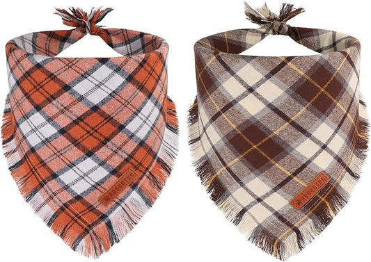 ADOGGYGO Fall Dog Bandanas with Tassels Edges, Orange Brown Plaid Scarf Bib, Multi Size, Fall Thanksgiving Halloween Bandanas for Medium Large Dogs (Large)