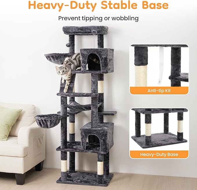 73" Multi-Level Cat Tree Tower for Large Cats with Scratching Posts, Condos, Perch, Hammocks & Toys, Large Cat Jungle Gym for Indoor Cats, Ideal for Multi-Cat Households, Dark Gray