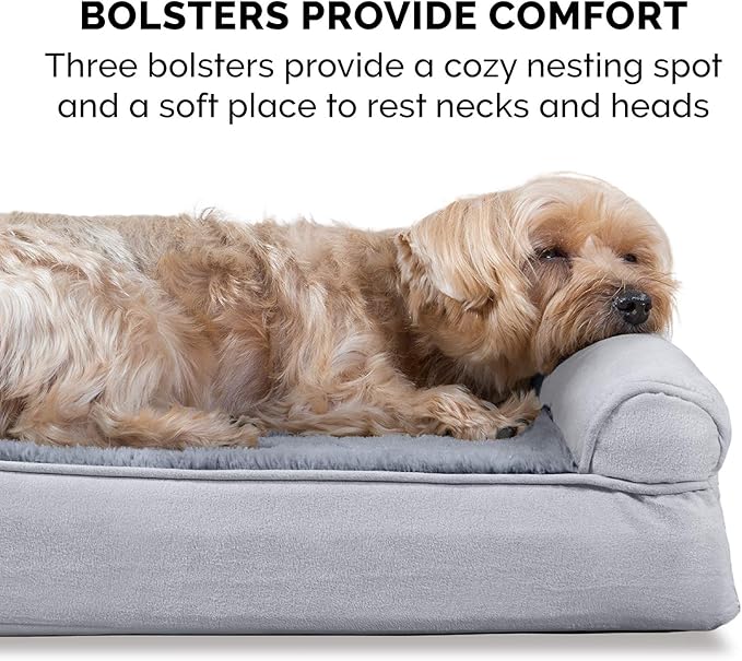 FurHaven Orthopedic Dog Bed for Large Dogs, Sofa-Style with Cooling Gel topper with orthopedic memory foam base for Joint Support, Removable Washable Cover, Jumbo/XL, Plush & Suede, Gray
