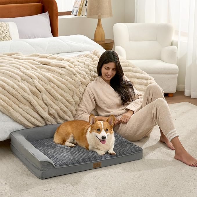 Orthopedic Dog Bed for Large Medium Size Dog, Pet Sofa, Foam Bolster Couch with Waterproof Lining Cover, Anti-Slip, Washable, L-Shaped, L 36x27x6.5 inch, Grey