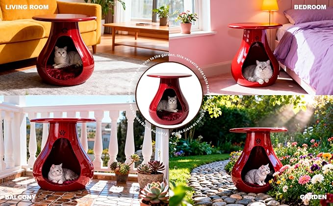 2-in-1 Gourd Table & Pet Bed - Pet-Friendly Rounded Edges，Modern Living Room Furniture with Eco-Resin Top（A-Red）