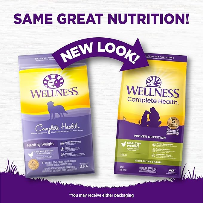 Wellness Complete Health Dry Dog Food with Grains, Natural Ingredients, Made in USA with Real Meat, All Breeds, For Adult Dogs (Healthy Weight - Chicken & Potatoes, 5-Pound Bag)