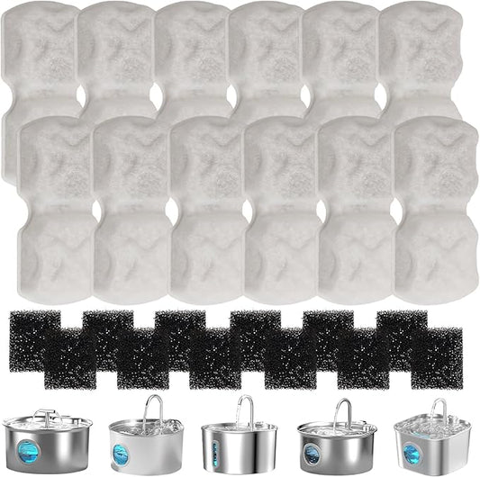 Cat Water Fountain Filter: 24P Cat Fountain Filter Replacement Screen for 74oz 2.2L/2.6L Stainless Steel Pet Water Dispenser- 12 Carbon Filters & 12 Foam Filters，4-Layer Filtration Systems