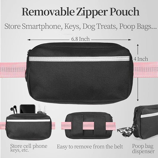 iYoShop Hands Free Dog Leash with Zipper Pouch, Dual Padded Handles and Durable Bungee for Walking, Jogging and Running Your Dog (Large, 25-120 lbs, Baby Pink)