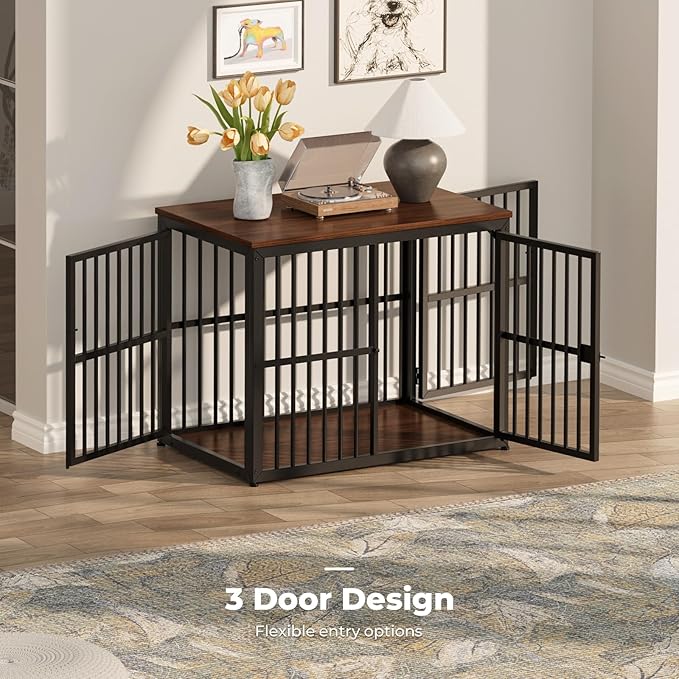 Lyromix 33'' Dog Crate Furniture with 3 Doors,Wooden Crate End Table Heavy Duty Indoor Puppy Cage for Small to Medium Dogs, Multiple Units Can be Combined, Walnut