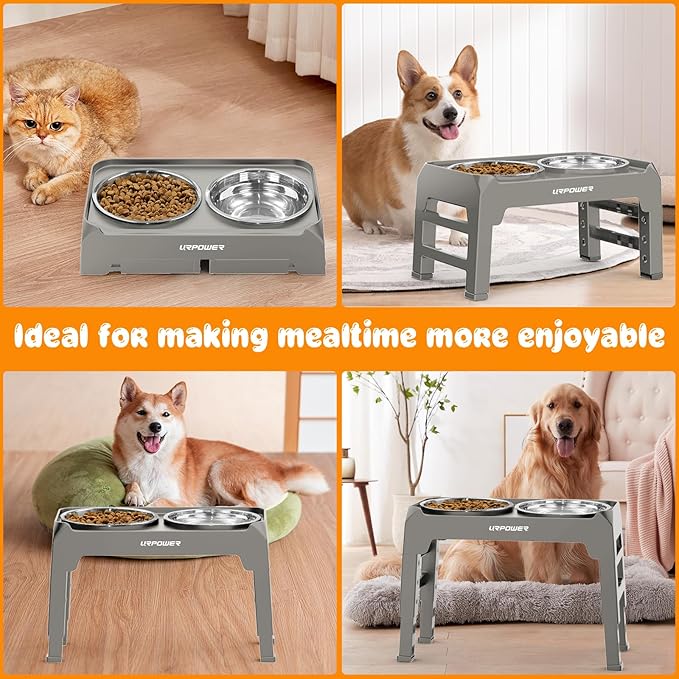 URPOWER 4 Height Adjustable Elevated Dog Bowls - 50oz Large Capacity Stainless Steel Bowls, No-Spill Edge, Non-Slip Stand for Small, Medium, Large Dogs & Pets
