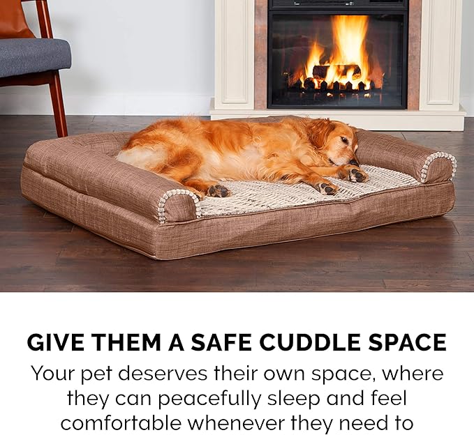 Furhaven Memory Foam Dog Bed for Large Dogs w/ Removable Bolsters & Washable Cover, For Dogs Up to 95 lbs - Luxe Faux Fur & Performance Linen Sofa - Woodsmoke, Jumbo/XL, 40.0"L x 32.0"W x 8.0"Th