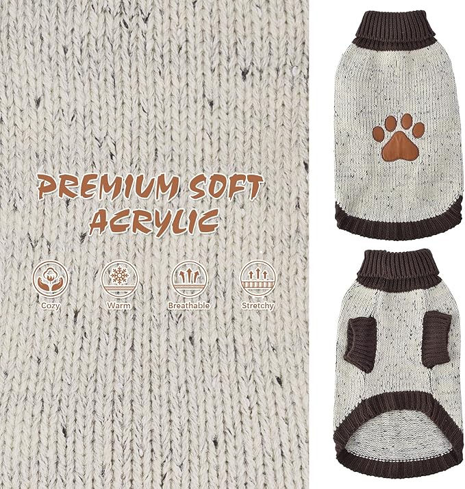 BINGPET Turtle Neck Knitted Dog Sweater,Dog Sweaters for Small Medium Large Dogs with Brown Bone Pattern,Puppy Winter Warm Cloth for Cold Weather Thermal Wear