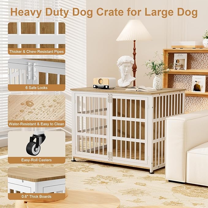 42" Furniture Style Large Dog Crate with Wheels, Metal Chew-Resistant Dog Kennel Indoor for Large & Medium Dogs, 41.9" W x 28.3" D x 31.7" H, Decorate House as TV Stand, End Table — Natural and White