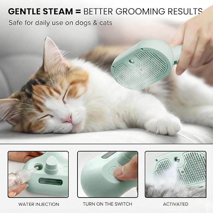 3-in-1 Anti-Static Pet Steam Brush for Dogs & Cats - Steam Clean, Calming Massage & Self-Cleaning Hair Ejection, Quick Heat-Up, USB-C Rechargeable, Low-Noise Deshedding & Dematting - Green