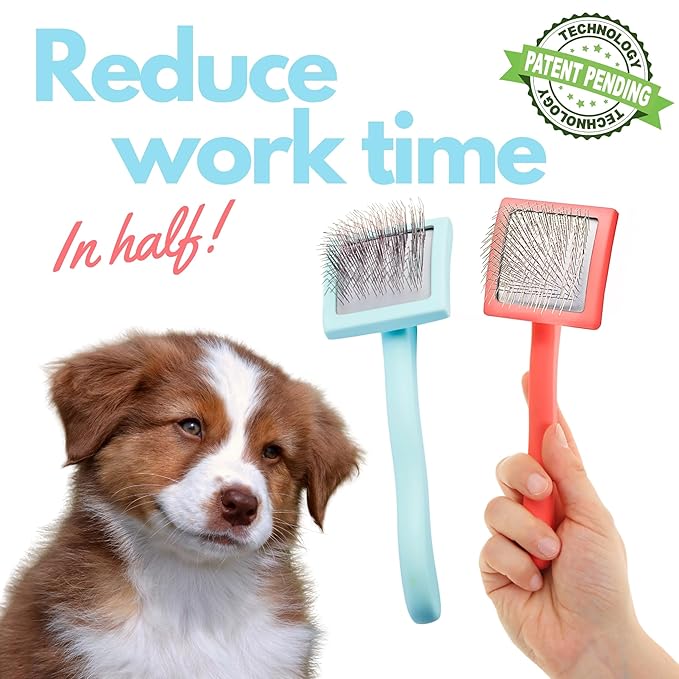 Pet Slicker Brush With Soft Massage Grooming Stainless Steel Pins - For Dematting, Shedding Fur, and Undercoat - Ideal Gift for Professional Pet Groomers - Long Slicker Brush (Coral, Curved Small)