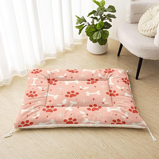 Dog Crate Bed Washable Crate Pad Pink Paws Bone Printed Soft Fluffy Pet Sleeping Mat for Large Medium Small Animals(Bone-3 L)