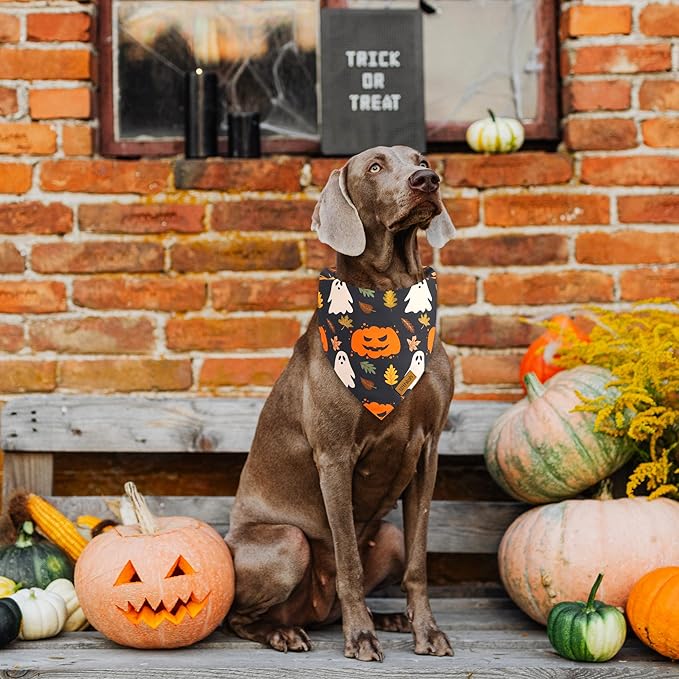 Halloween Dog Bandanas - 2 Pack Fall Dog Bibs | Reversible Pumpkin and Ghost Pet Scarf for Boys and Girls | Premium Durable Fabric | Orange Dog Bandana for Large and Extra Large Dogs (X-Large)