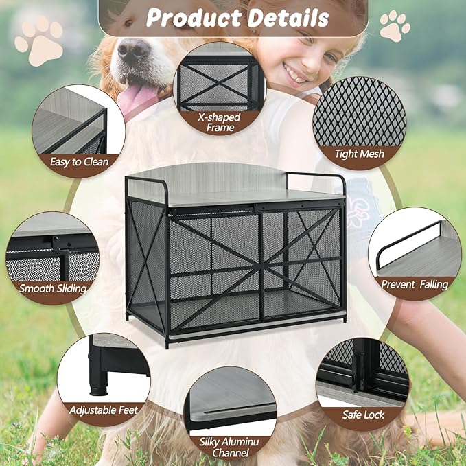 Large Furniture Dog Crate, Dog Kennel Indoor, Wood Dog Cage Table, Heavy Duty Dog Crate, Sturdy Metal,Gray