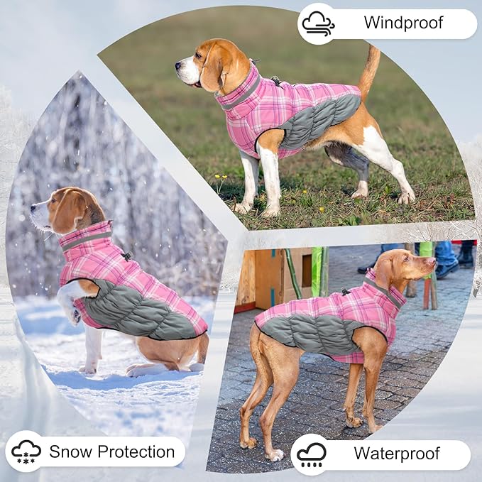 BEAUTYZOO Dog Winter Coat with Harness Built in, Reflective Plaid Puffer Vest Waterproof for X-Small Dogs, Fleece Warm Puppy Zipped Jacket with D Ring, Pet Cold Weather Sweater Clothes, Pink XS