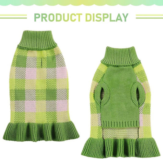 Dog Sweater Dress Plaid Knitwear for Small Medium Dogs Warm Puppy Pet Turtleneck Stretch Pullover Cute Fall Winter Vest Clothes with Leash Hole for Christmas (Green, M)