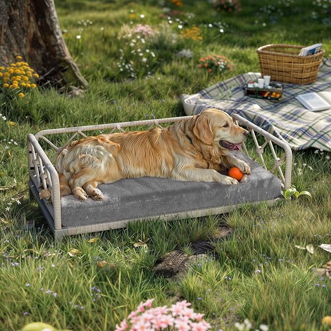 Dog Bed with Cushion, Cooling Elevated Raised Beds with Rattan Breathable Mesh and Universal Mat, Indoor & Outdoor Pet Cots for Large Dog, Grey